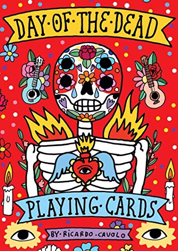 Day of the Dead playing cards with skull, flowers, and candles.