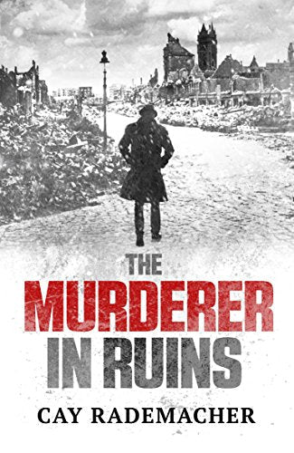 Book cover: man in coat stands in ruined city, red title.