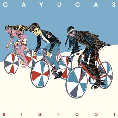 "Vinyl album cover featuring cartoon characters, including Bigfoot, riding bicycles."