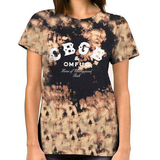 Tan and black dip-dye t-shirt with "CBGB" logo graphic.