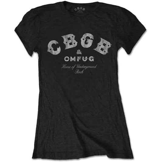 Black women's t-shirt with distressed silver CBGB logo and text.