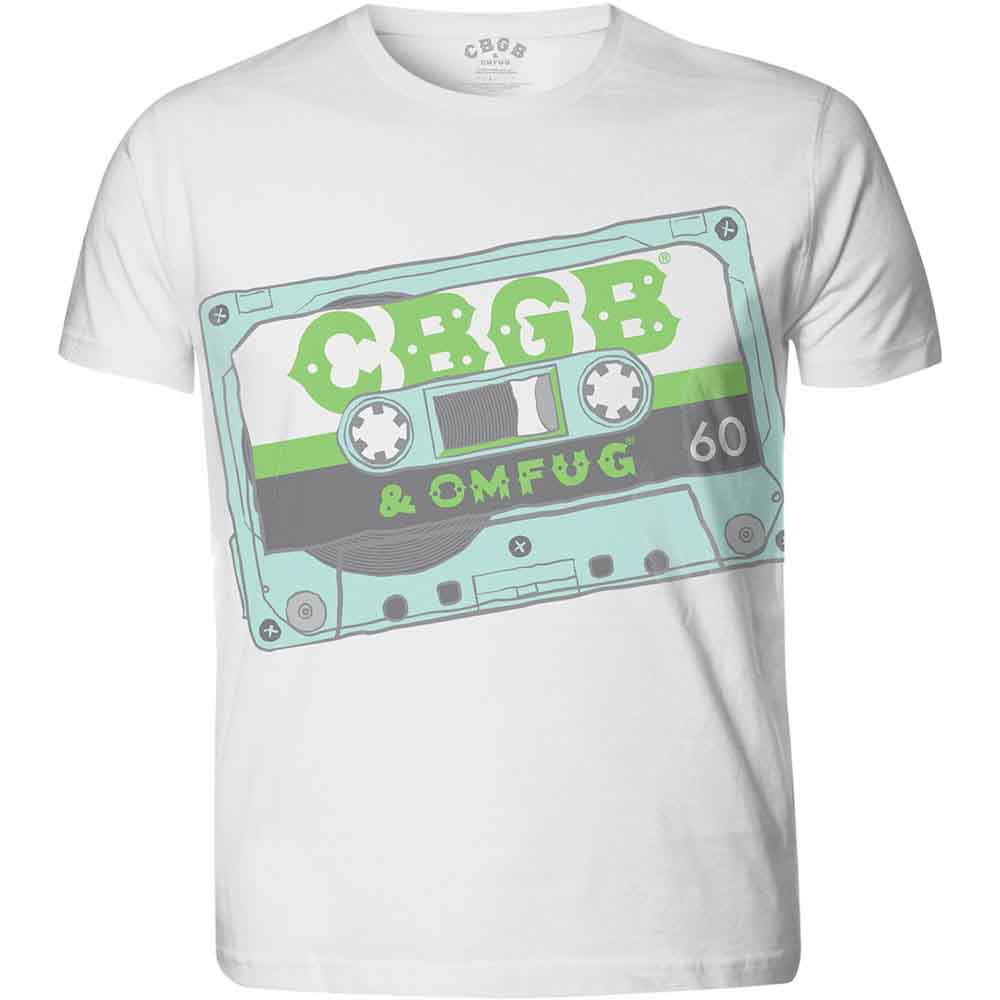White t-shirt with a green and teal cassette tape graphic featuring "CBGB".