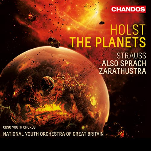 CD cover for Holst’s “The Planets” with fiery planetary imagery.
