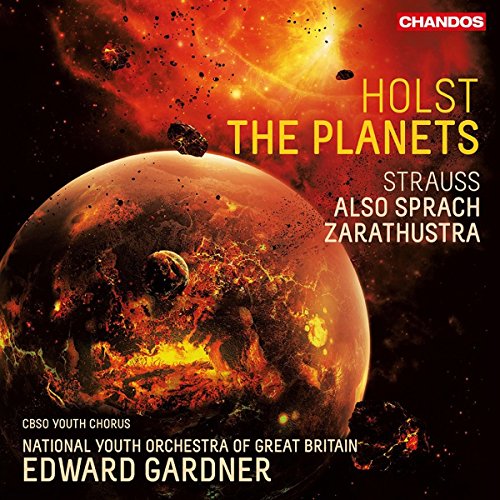 Album cover for Holst’s “The Planets” featuring a fiery planetary scene.