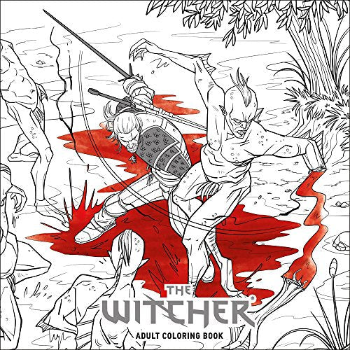 Line art illustration of a Witcher fighting a monster, with red splashes.