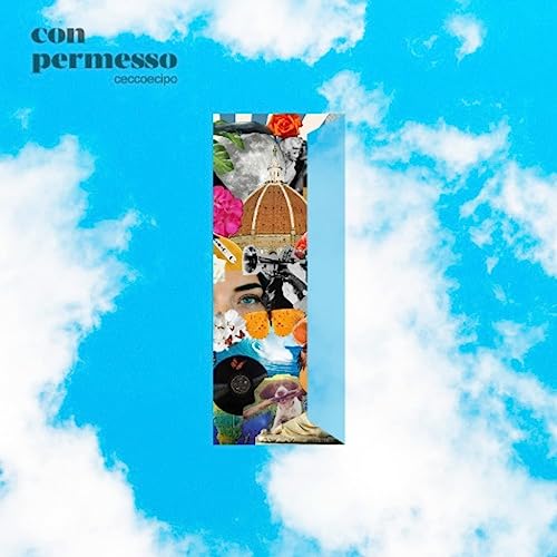 Album cover for “Con Permesso” with collage and blue sky background.