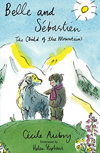 Book cover: boy and large dog in snowy mountains, watercolor style.