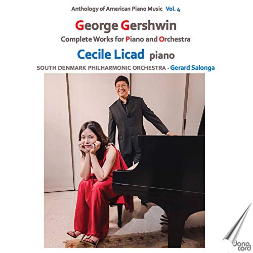 CD cover featuring pianist Cecile Licad in a red dress beside a grand piano.