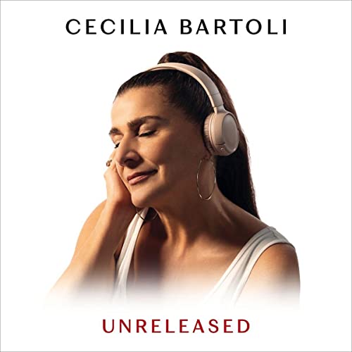 Cecilia Bartoli album cover, woman with headphones, white background.