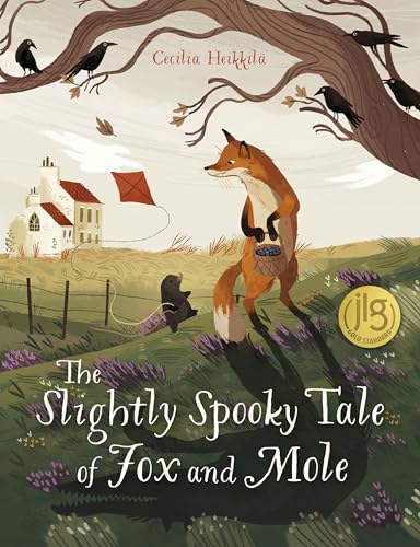 A fox holding a basket and a small mole stand under trees with ravens.
