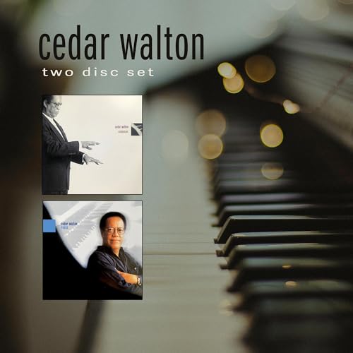 CD case with portrait of jazz composer Cedar Walton and piano keys.