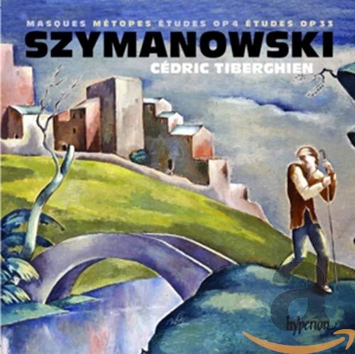 Colorful abstract landscape with a bridge and figure, titled "Szymanowski Cédric Tiberghien."