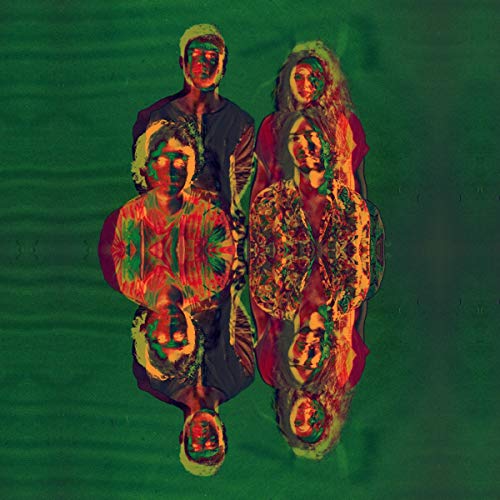 Distorted portrait of four people with green and red color scheme.