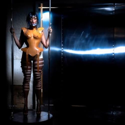 Woman in elaborate brown and white outfit posing against metal bars.