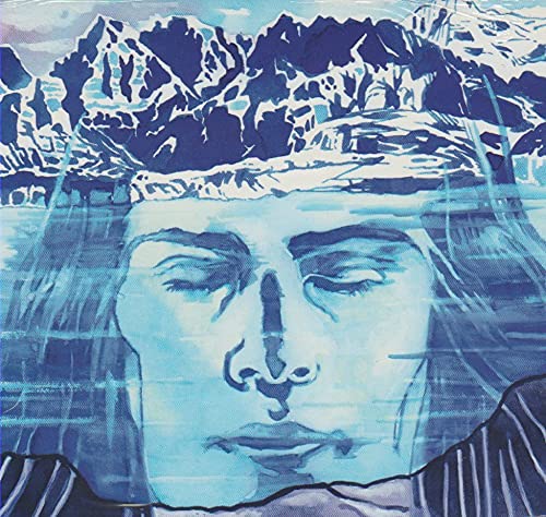 Blue-toned portrait of a face overlaid with mountain imagery.
