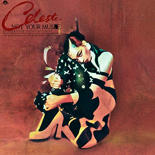 Celeste album cover: singer in patterned outfit, seated, red background.