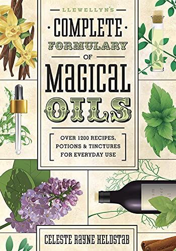 Book cover with botanical illustrations and text: "Llewellyn's Complete Formulary of Magical Oils".