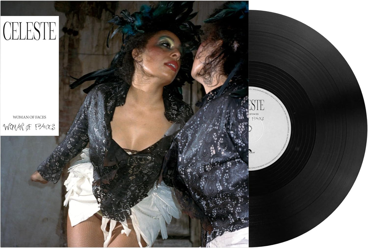 Celeste album cover featuring a woman in lace and feathers next to a vinyl.