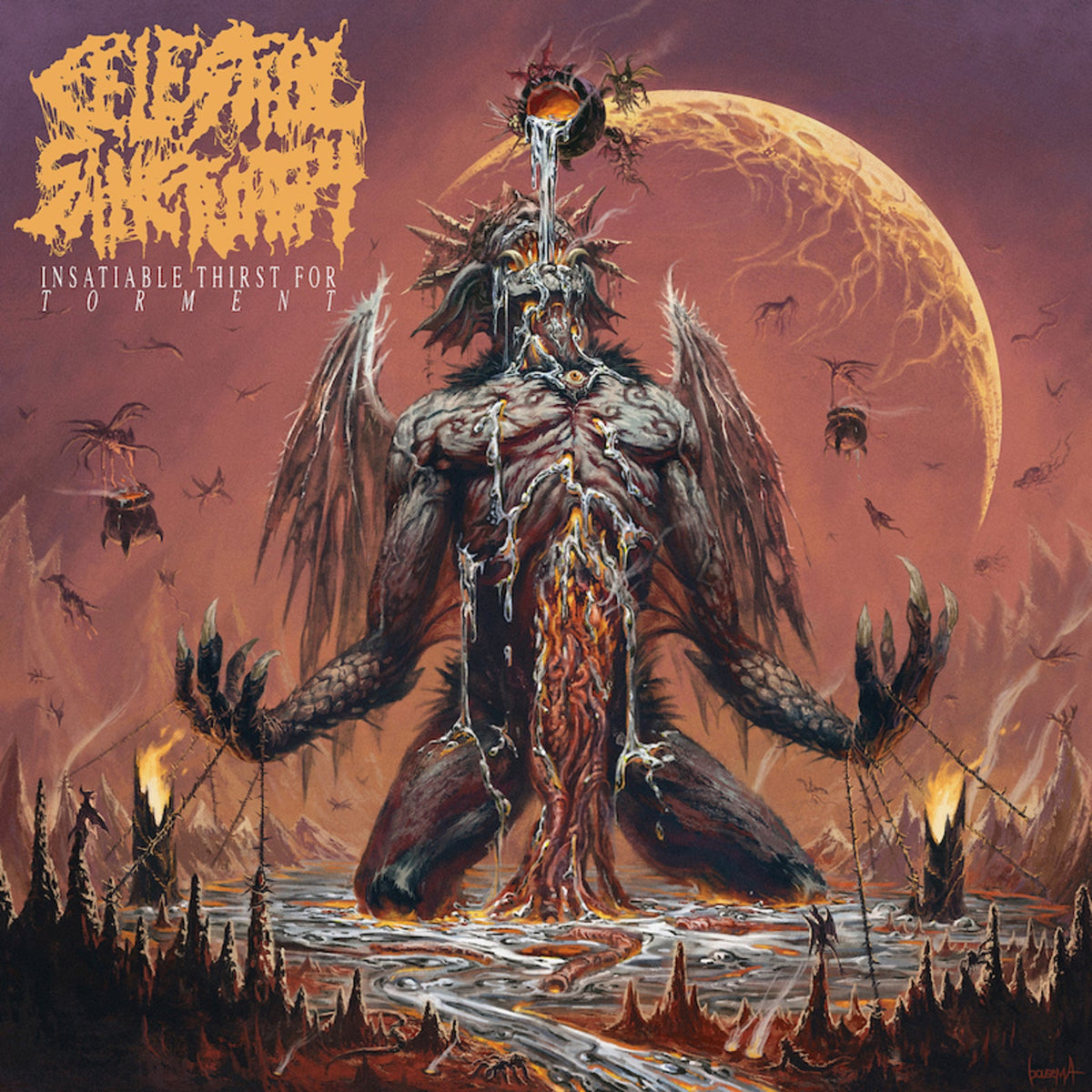 Dark fantasy album cover featuring a monstrous, winged figure in a wasteland.