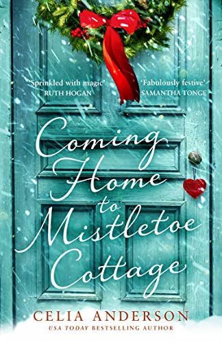 Book cover: blue door with wreath, title “Coming Home to Mistletoe Cottage.”