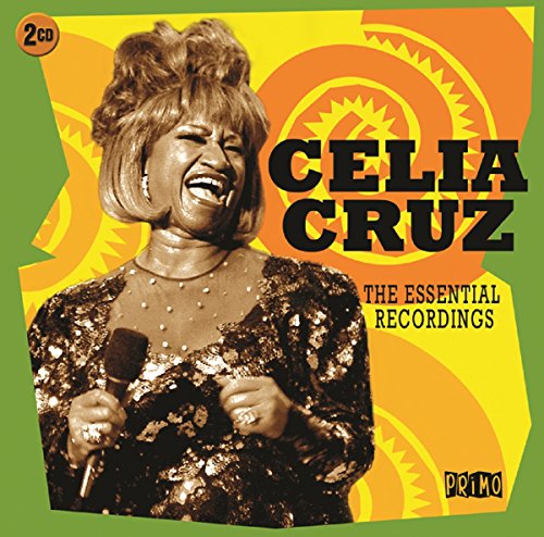 Celia Cruz smiling and holding a microphone on a yellow and green CD cover.