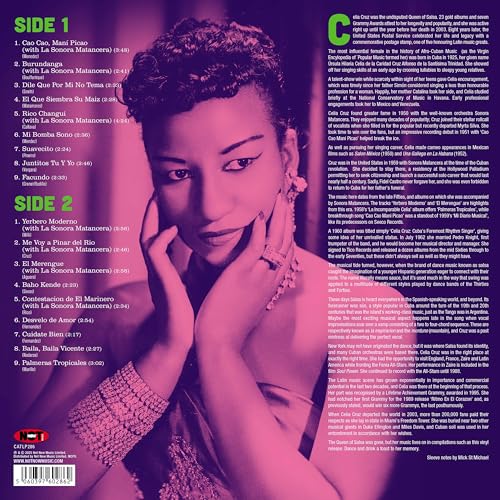 Celia Cruz vinyl record back cover, pink tone, tracklist and portrait.