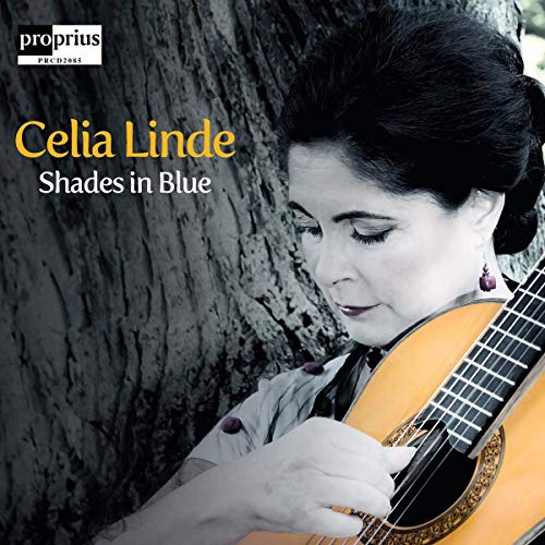 Celia Linde playing classical guitar, album cover with tree bark background.