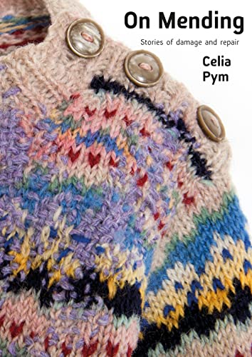Multicolored knitted fabric with buttons on a white background, close-up book cover image.