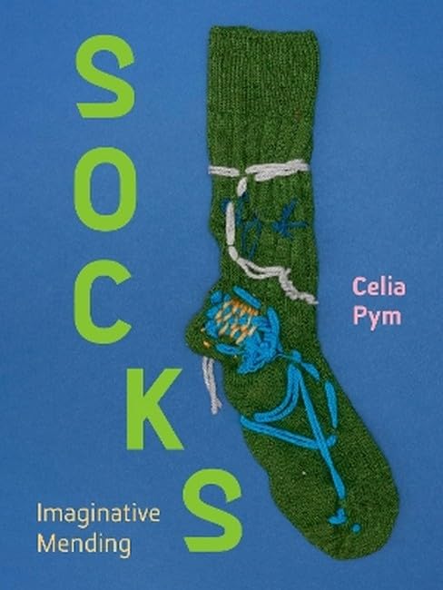 Green sock with colorful stitched repairs, book cover titled "SOCKS".