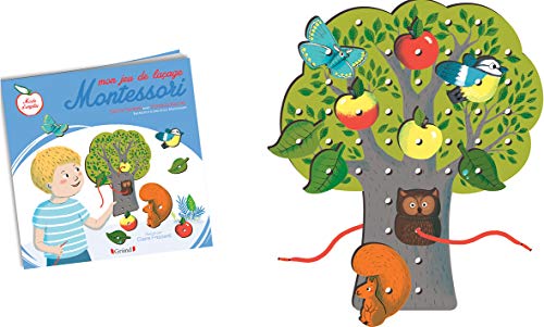 Montessori lacing game with a tree, animals, fruit, and a book.