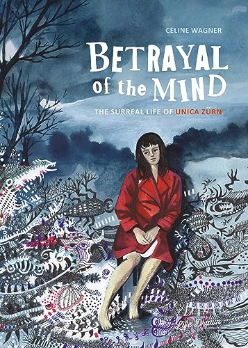 Book cover: woman in red coat sits amidst surreal, detailed artwork.