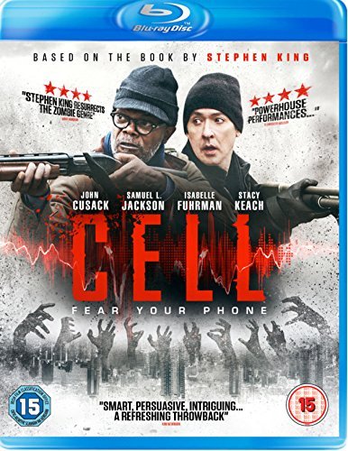 "Blu-ray case for 'Cell' with two men holding guns and zombies below."