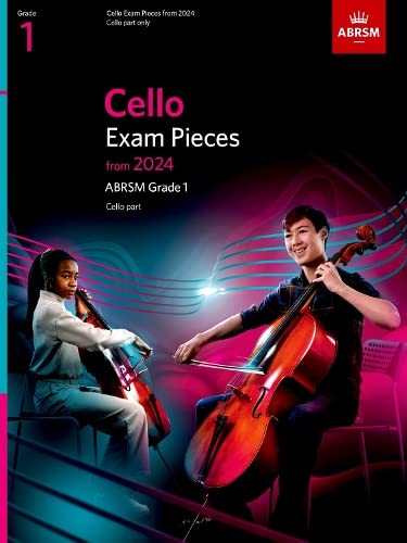 Cover of ABRSM Grade 1 Cello Exam Pieces 2024 featuring two students playing cellos.