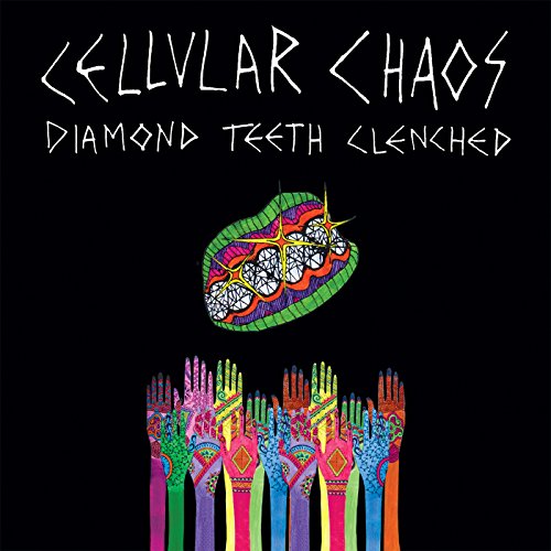 "Album cover with black background, colorful hands, and abstract mouth illustration."