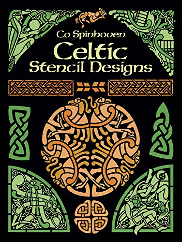 Book cover with Celtic knotwork, animal motifs, and geometric designs in green and orange.