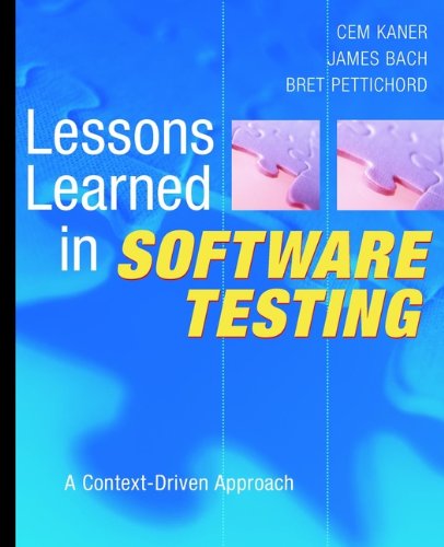 Book cover: “Lessons Learned in Software Testing” with puzzle pieces.