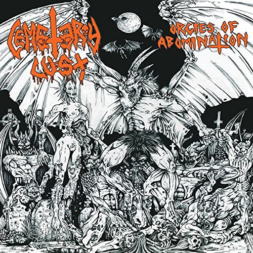 Black and white album cover depicting demonic figures and a graveyard scene.
