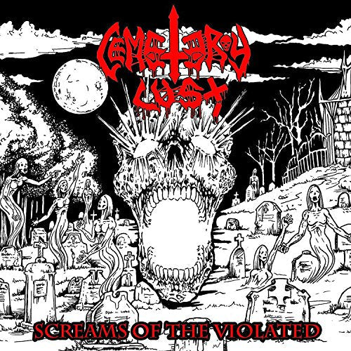 Black and white album cover with a graveyard, ghosts, and a monstrous mouth.