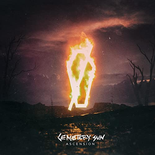 A burning coffin-shaped symbol floats above a dark, desolate landscape at sunset.