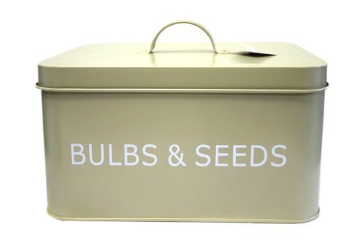 Beige metal container with "BULBS & SEEDS" text and a handle.