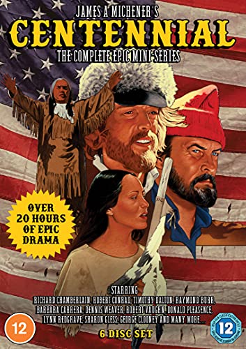 DVD cover for "Centennial" featuring actors and an American flag background.
