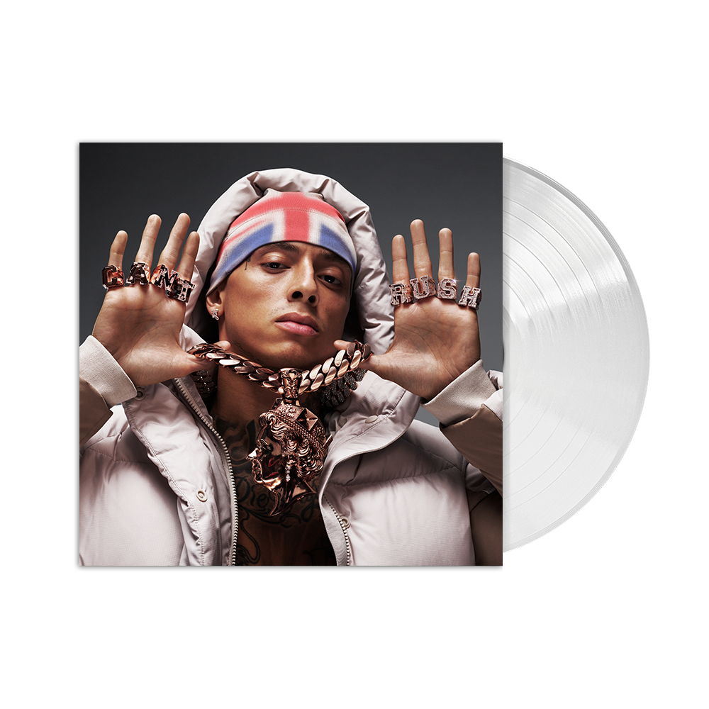 Central Cee album cover featuring artist with jewelry and clear vinyl record.