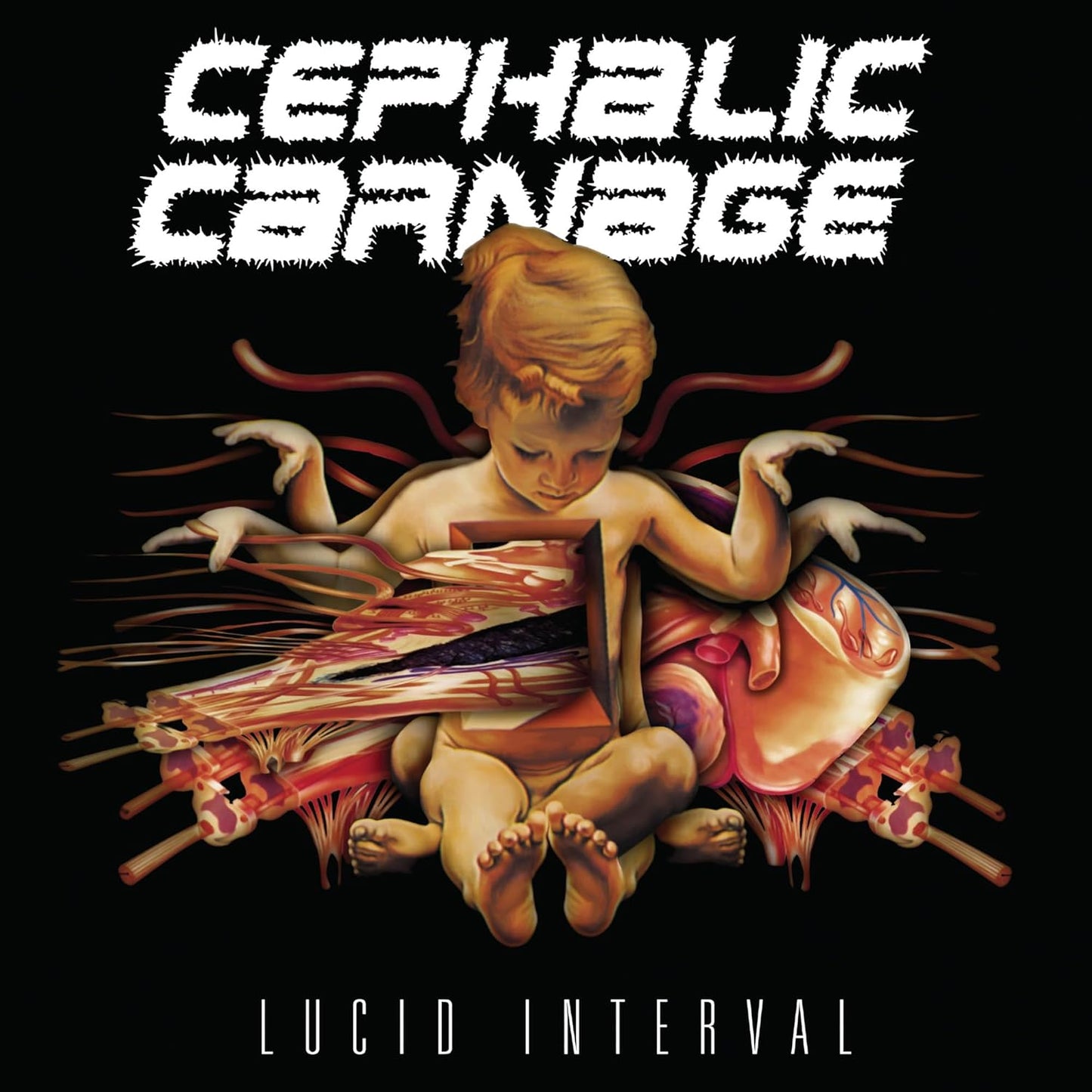 Album cover for Cephalic Carnage’s “Lucid Interval” featuring disturbing imagery.