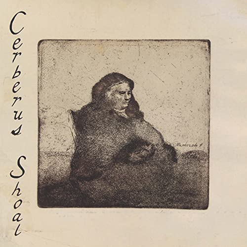 Etched illustration of a seated person in a cloak with text Cerberus Shoal.