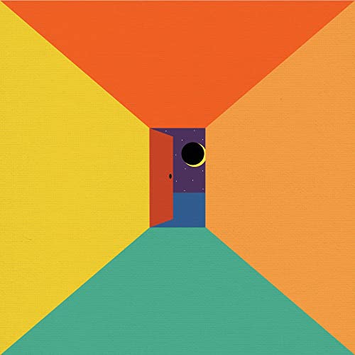 Abstract album cover with geometric shapes, an open doorway, and a moon.