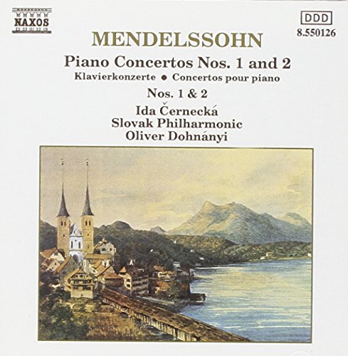 CD cover for Mendelssohn piano concertos featuring a lakeside town scene.
