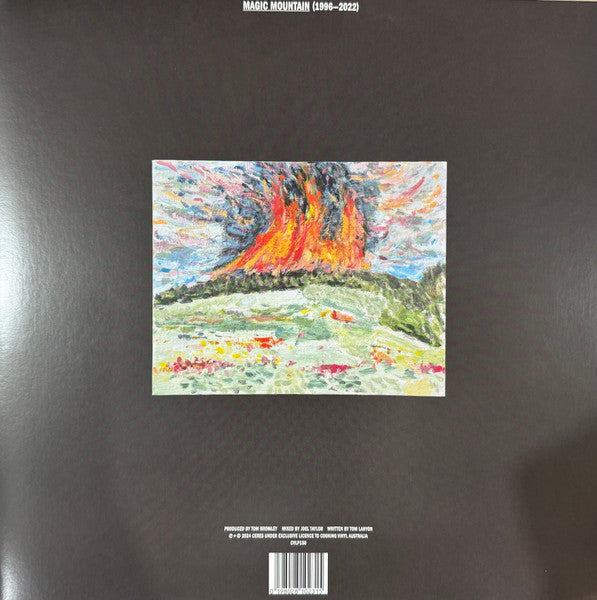 Vinyl record back cover with colorful painting of a volcanic eruption.