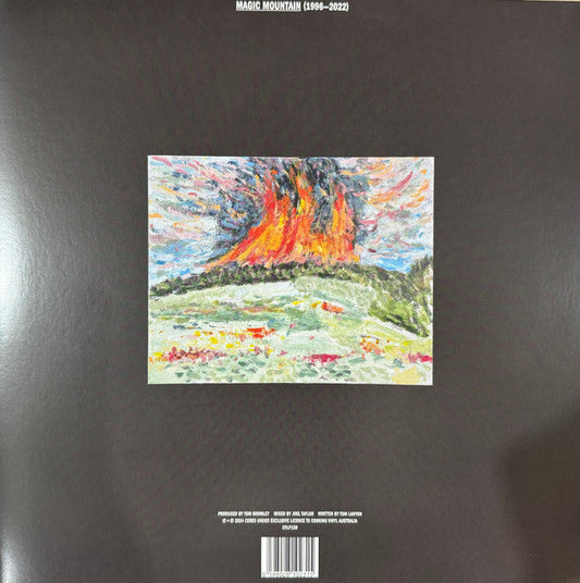 Vinyl record back cover with colorful painting of a volcanic eruption.