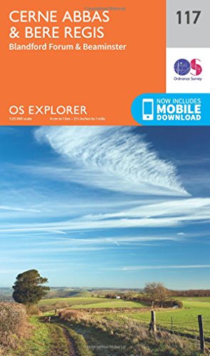 Orange Ordnance Survey Explorer map 117 of Cerne Abbas and Bere Regis.