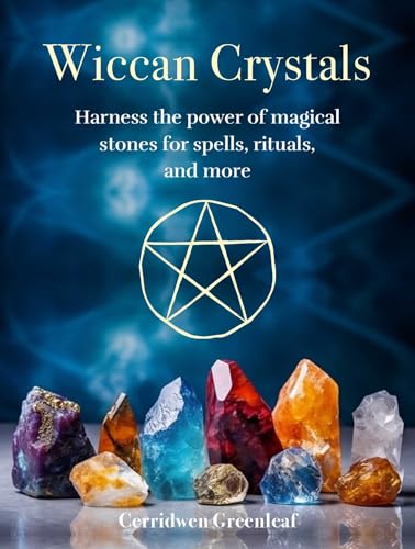 Book cover featuring crystals, a pentacle, and the title "Wiccan Crystals".